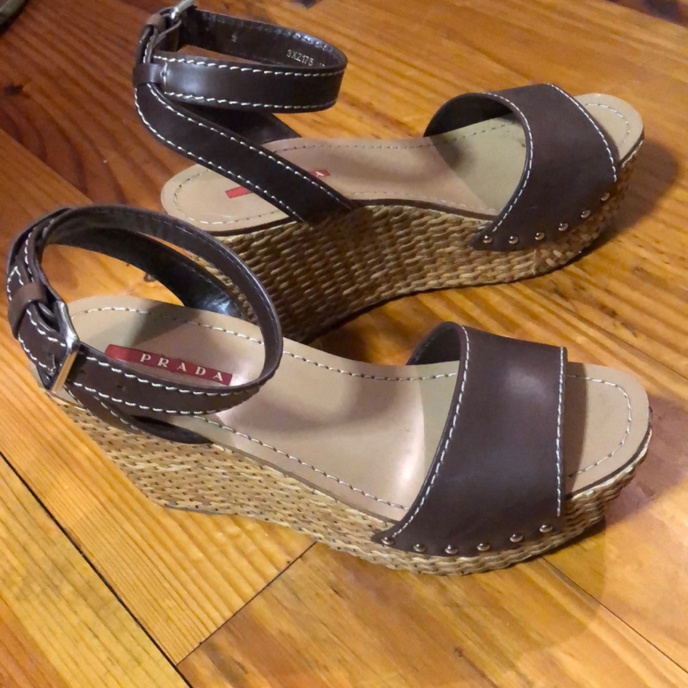 Prada 8 1/2 rattan and brown leather wedge